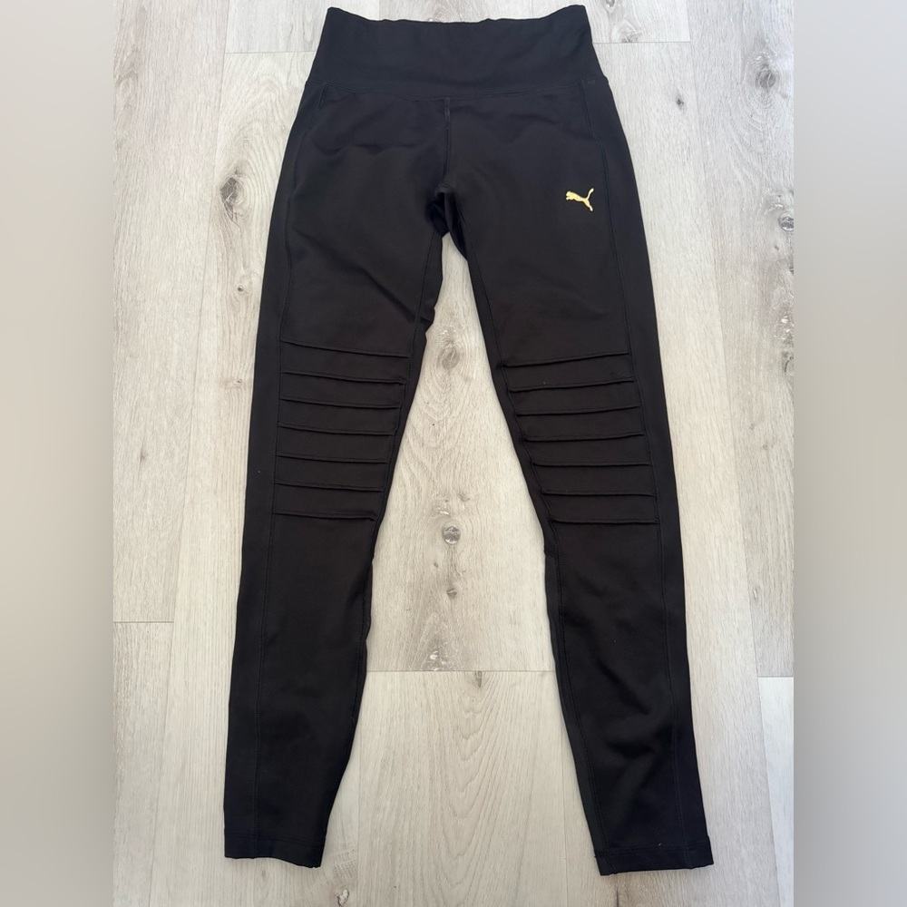 Puma Black High-Waist Ribbed Knee Leggings with Gold Logo